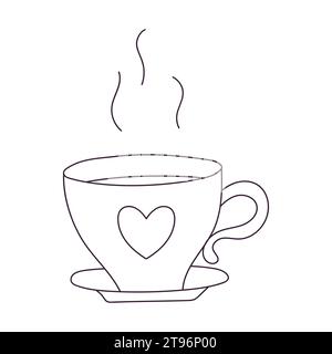 Hand drawn Cup of tea. Hot drink in mug with heart. Outline doodle vector black and white illustration isolated on a white background Stock Vector