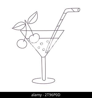 Hand drawn cocktail with cherry and straw. Cold drink, summer beverage. Outline doodle vector black and white illustration isolated on a white backgro Stock Vector