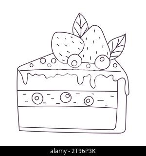 Hand drawn piece of cake with strawberry and blueberry. Sweet food, dessert. Outline doodle vector black and white illustration isolated on a white ba Stock Vector