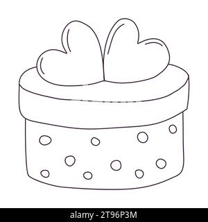 Hand drawn round gift box with hearts. Symbol of birthday, holiday, celebration. Outline doodle vector black and white illustration isolated on a whit Stock Vector