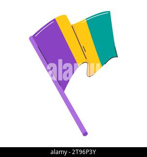 Yellow green purple flag. The symbol of Mardi Gras. Tricolor flag. Flat decorative element . Vector illustration isolated on a white background Stock Vector