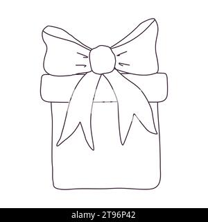 Hand drawn gift box with bow. Birthday present. Outline doodle vector black and white illustration isolated on a white background. Stock Vector