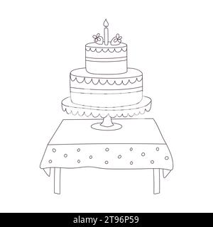 Hand drawn birthday cake with candles on the table with tablecloth. Sweet food, dessert. Symbol of celebration. Outline doodle vector black and white Stock Vector