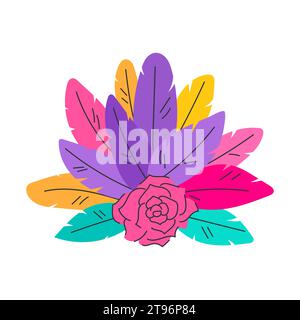 Decorative element with bright feathers and rose flower. Flat cartoon vector illustration isolated on white background. Stock Vector