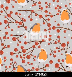 Robin birds and red berries branches, seamless Christmas pattern, winter vector illustration, print on grey background Stock Vector