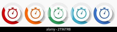 stopwatch vector icon set, flat design colorful round icons in 5 color options for webdesign and mobile applications Stock Vector