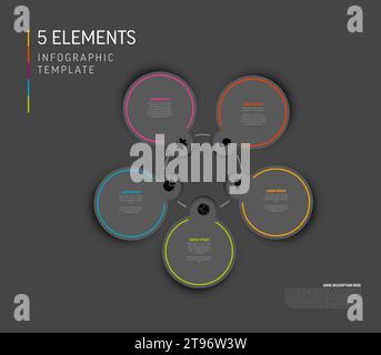 Vector dark Infographic template with white circle cards, icons and descriptions. Simple minimalistic multipurpose infochart template with five step e Stock Vector