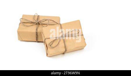 Brown Gift Boxes Isolated on White Background With Presents Stock Photo