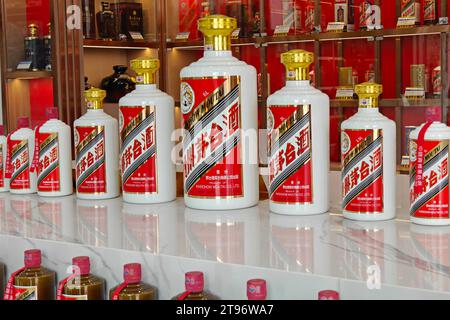 SHANGHAI, CHINA - NOVEMBER 23, 2023 - Moutai liquors at the Kweichow Moutai Experience Museum in Shanghai, China, November 23, 2023. Stock Photo