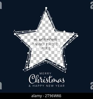 Minimalist dark Christmas flyer card temlate with white snowflakes on a christmas star shape family photo frame and dark blue background with decorati Stock Vector