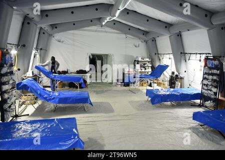 Lviv, Ukraine - March 14, 2022: Field hospital deployed by Christian disaster relief NGO Samaritan’s Purse in an underground parking lot of the shoppi Stock Photo