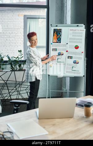 bigender manager pointing at flip chart with graphs during video call on laptop in modern office Stock Photo