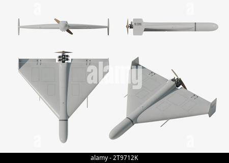 Shahed-136 (Geran-2) loitering munition drone: front, back, side and perspective view - 3d rendering Stock Photo