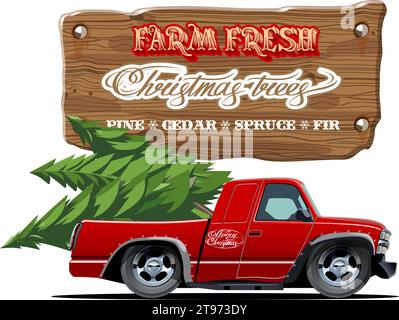 Vector farm trees banner with Christmas tree by red pickup. Farm Fresh Christmas Trees poster. Available eps-10 format separated by groups and layers Stock Vector