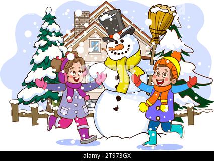 winter snowing and kids having fun making snowman vector Stock Vector