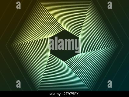 Blue yellow neon laser lines concept illustration. Refracted hexagons geometric shape technology retro background. Glowing illumination futuristic vec Stock Vector