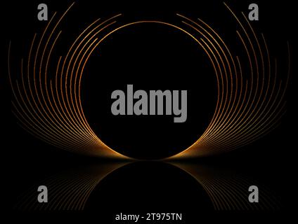 Deluxe golden minimal round lines abstract futuristic tech background with reflection. Vector digital art design Stock Vector