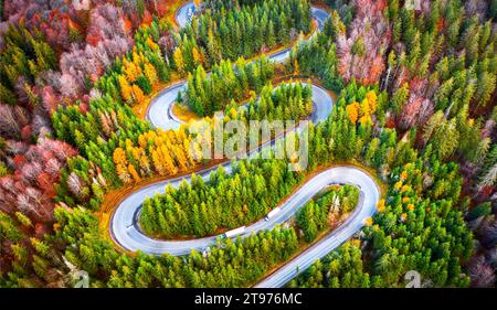 Cheia, Romania. The famous winding road in autmn colors. Carpathian Mountains travel landscape. Stock Photo