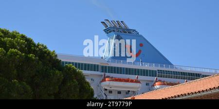 Chimneys of a cruise ship stopping at the Toulon ferry terminal. Stock Photo