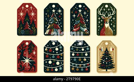 A set of four colorful vintage Christmas gift tags, spaced distinctly apart. Stock Vector
