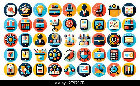 In a flat vector style, a compilation of 40 round, bright web icons related to the corporate world is depicted. Stock Vector