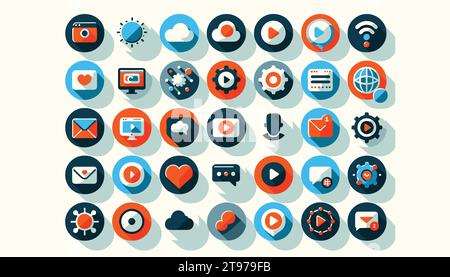 16:9 flat vector design on a pristine white backdrop, presenting 40 vibrant, round web icons intended for online applications. Stock Vector