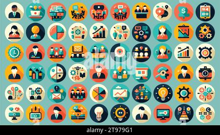 An array of 40 round web icons in flat vector design, each with a unique color and simplistic imagery associated with office and business scenarios. Stock Vector