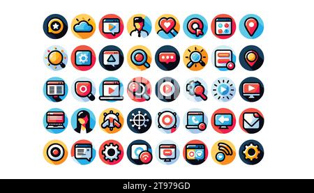 On a white background, in a flat vector style, showcase a set of 40 round, vivid web icons for diverse internet functionalities. Stock Vector