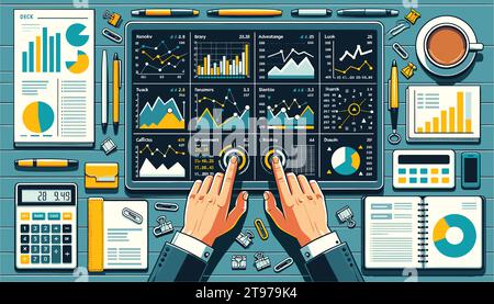 16:9 flat vector illustration of a top-down view of a financial workspace. Stock Vector