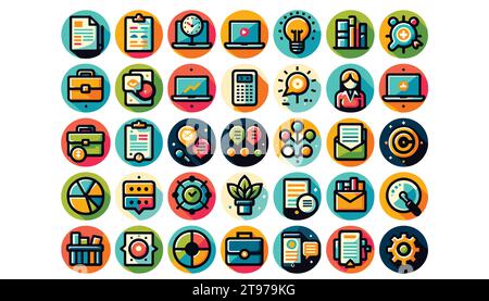 6:9 flat vector display of 20 vibrant, round icons designed for web use, emphasizing office and business themes. Stock Vector