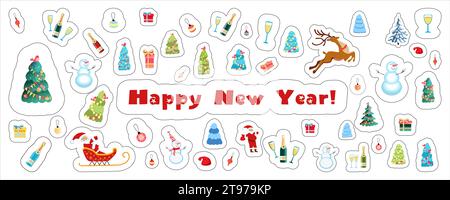 New Year and Christmas stickers for print and design, cartoon. Santa with reindeer and snowman. Christmas tree decorations and lettering. Not AI, hand drawn Stock Vector