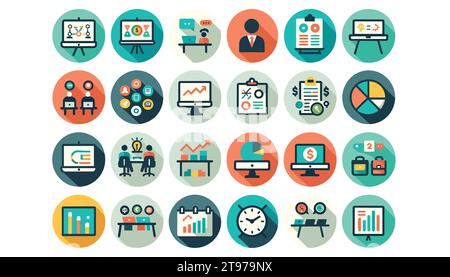 A set of 20 round web icons in flat vector design, each with a distinct color and simple imagery related to office and business. Stock Vector