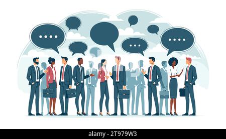 Flat vector illustration in 16:9 ratio depicting a group of diverse business people engaged in a conversation. Stock Vector