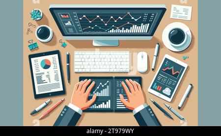 An overhead view of a financial workspace. A pair of hands are interacting with a computer and a tablet, both of which have financial graphs. Stock Vector