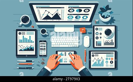 An overhead view of a financial workspace. A pair of hands is interacting with various devices: a tablet, phone, large screen, and computer. Stock Vector