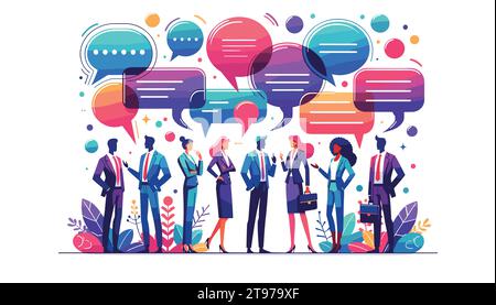 Flat vector illustration in 16:9 ratio on a white background, featuring a colorful group of diverse business people engaged in conversation. Stock Vector