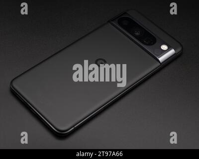 Leeds, UK - November 2023 - Google Pixel 8 Pro Obsidian Black Back on Black Background Stock Photo
