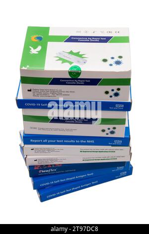 Box of lateral flow test / LFT / LFD / lateral flow device kit for testing for COVID 19 virus coronavirus supplied UK government test and trace. (136) Stock Photo
