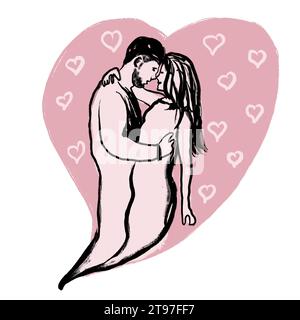 Hand drawn illustration of man woman couple in pink heart. St Valentyine day concept, love affection two dancing embrace, fall in love date adult married romance, happy people Stock Photo