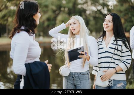 Lovely, blonde, female student reacting to good unexpected news by her colleague about university exam, grades or project. Stock Photo