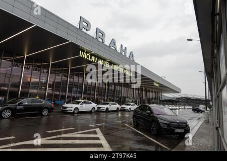 PRAGUE, CZECH REPUBLIC - AUGUST 26, 2023: Vaclav Havel Prague Airport with taxis and Skoda Enyaq SUV in front of it Stock Photo