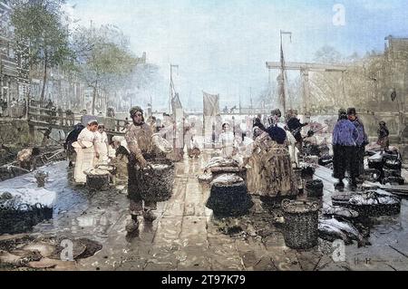 Fischmarkt in Amsterdam, Händler und Kunden an einer Gracht, Fische, Marktszene, Niederlande, Historisch, digital restaurierte Reproduktion von einer Vorlage aus dem 19. Jahrhundert, koloriert  /  Fish market in Amsterdam, Traders and customers at a canal, Fish, Market scene, Netherlands, Historical, digitally restored reproduction from a 19th century original, coloured Stock Photo