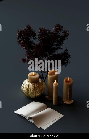 3D render of festive candles, leafy branch and blank note pad Stock Photo
