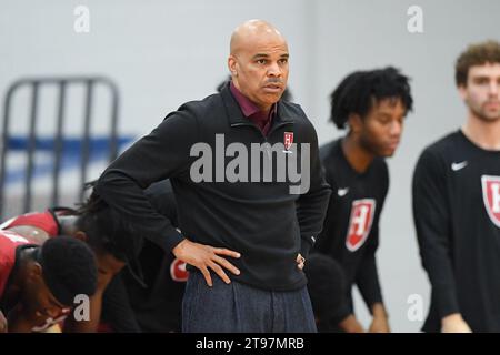 November 22, 2023: Harvard Crimson head coach Tommy Amaker looks on against the Colgate Raiders during the first half on Wed. Nov. 22, 2023 at Cotterell Court in Hamilton, NY. Rich Barnes/CSM Stock Photo