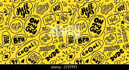 Seamless Trendy speech bubbles in flat hand drawn design with short messages. Cute Comic Style. Dialog windows with phrases Yes. Icons and bubble such Stock Vector