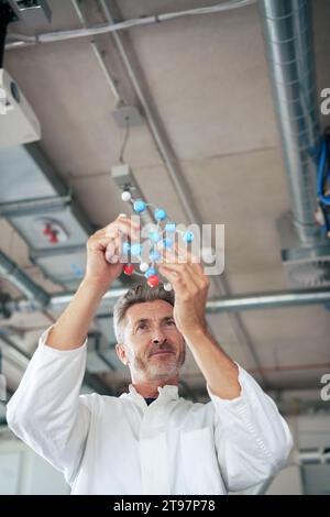 Smiling mature scientist examining molecular structure in laboratory Stock Photo