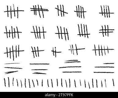 A set of strokes, a count of marks is counted. Chalk on a white background sticks the line counter on the wall. Vector hashes icons for prisons or des Stock Vector