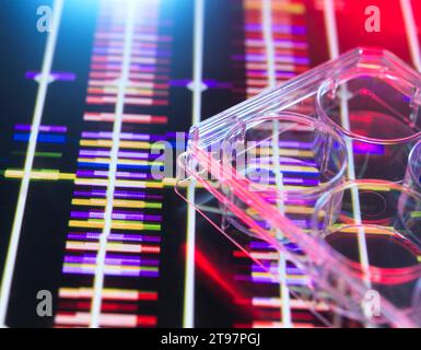 Multi well plate over DNA research data Stock Photo