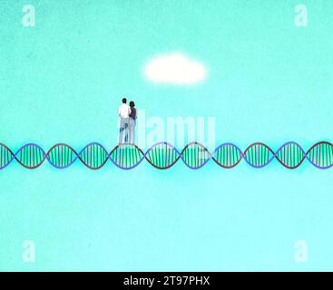 Couple standing on double helix model looking at single cloud floating in background Stock Photo