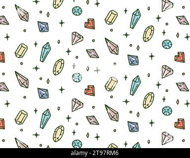 Diamonds pattern in color hand drawn, line gems on a transparent background. Vector jewelry stones Stock Vector